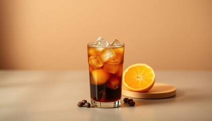 Iced Coffee with Orange Slice and Coffee Beans.