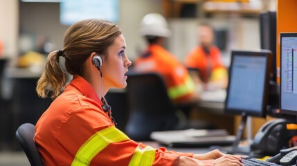 Generate a photo realistic image of a workplace emergency response plan being implemented during an emergency, with emergency response team, communication devices, and incident management visible