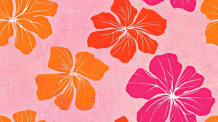 Vibrant floral pattern with pink and orange tropical flowers on a pink background.