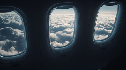 Aerial view from an airplane window showing a sea of clouds under a soft blue sky.