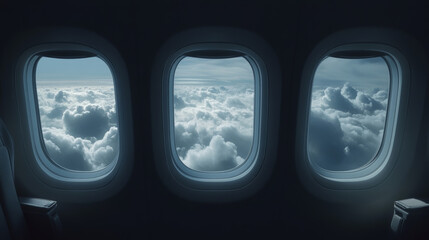 Fototapeta premium Aerial view from an airplane window showing a sea of clouds under a soft blue sky.