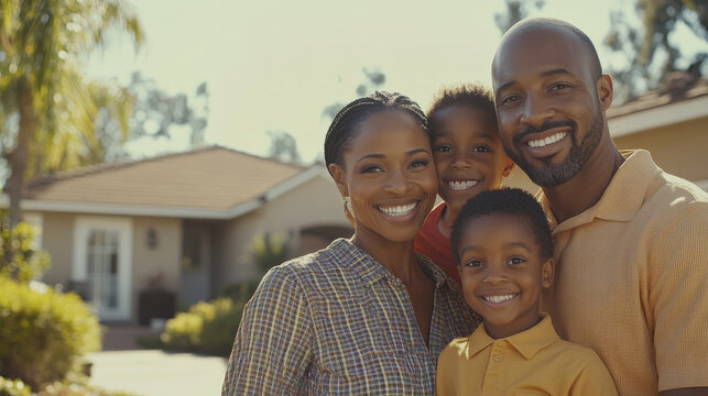 African American family of four standing in front of their home, all smiling.