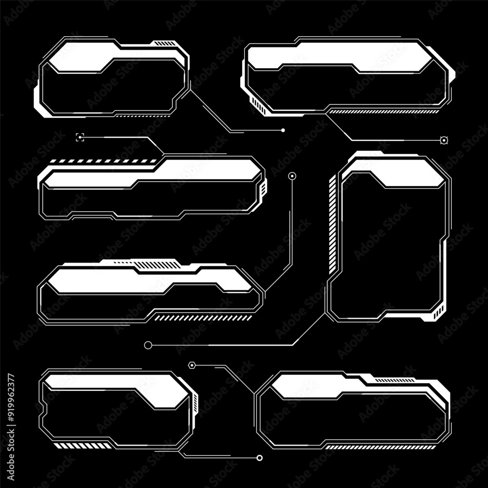 Poster White futuristic HUD, UI elements. Sci-fi user interface text boxes, callouts. Warning message frames, information boxes template. Modern game interface layout in digital style. Vector illustration