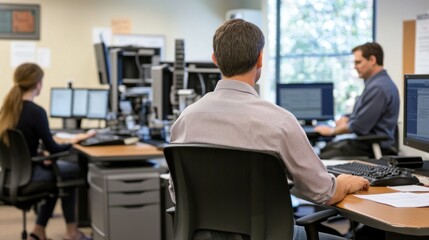 Fototapeta premium Generate a photo realistic image of employees participating in an ergonomics workshop, with ergonomic assessments, adjustable workstations, and ergonomic specialists visible