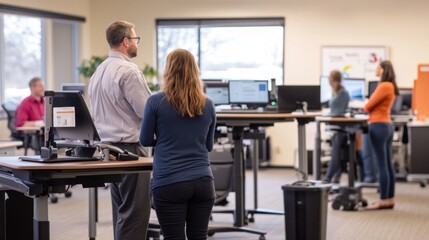 Generate a photo realistic image of employees participating in an ergonomics workshop, with ergonomic assessments, adjustable workstations, and ergonomic specialists visible
