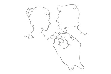 Hand draws a couple in love with chalk. Man looks at woman. Female and male profile. Lovers.One continuous line. Line art. Minimum one line. White background. One line drawing.
