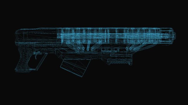 Rail gun wireframe scheme. 3d render with blue grid lines. Loop rotation on black background.