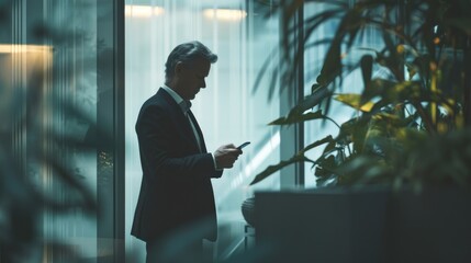 A businessman checking his smartphone while standing outdoors