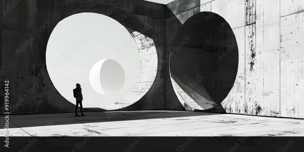 Poster a person standing in front of a concrete structure