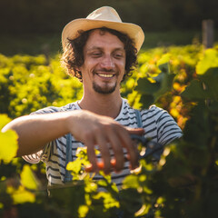 adult man farmer work and pruning grape in the vineyard