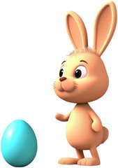 Fototapeta premium Cute cartoon bunny with big eyes stands beside a bright blue egg, exuding a playful and cheerful vibe.