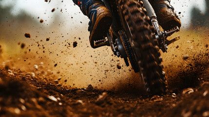 A motocross rider’s close-up of their bike’s rear wheel kicking up dirt and debris, with the rider’s foot and gear in action.


