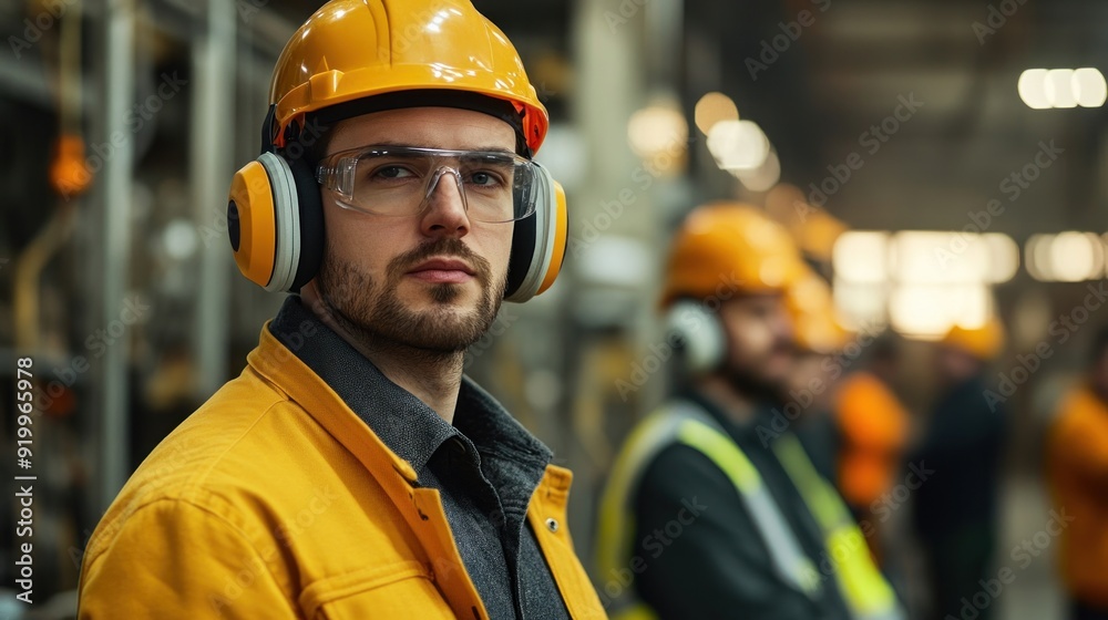 Wall mural generate a photo realistic image of workers using noise control measures, with sound barriers, earmu