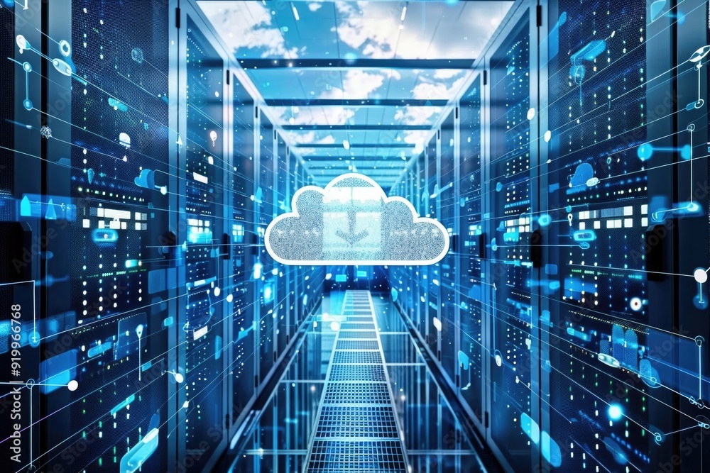 Poster A modern server room with a large cloud hovering above, highlighting data storage and computing power