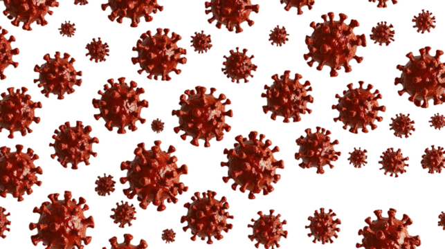 A cluster of red virus particles depicted in a dynamic swarm, representing infection and disease spread.
