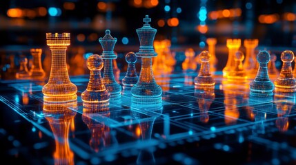 A digital chessboard with holographic pieces symbolizing AI in business strategy.
