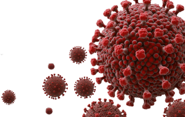 Illustration of various virus particles in red and gray tones against a black background.