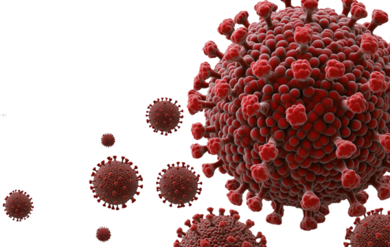 Illustration of various virus particles in red and gray tones against a black background.