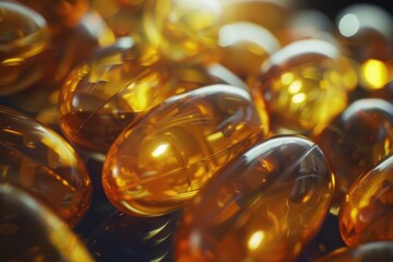 A close-up shot of a group of orange pills on a white background