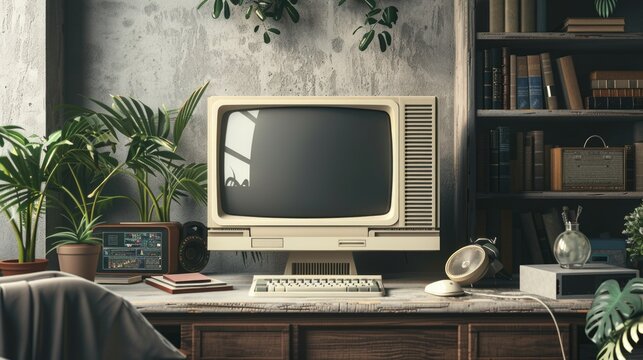 A vintage computer sits atop a wooden desk, ready for use