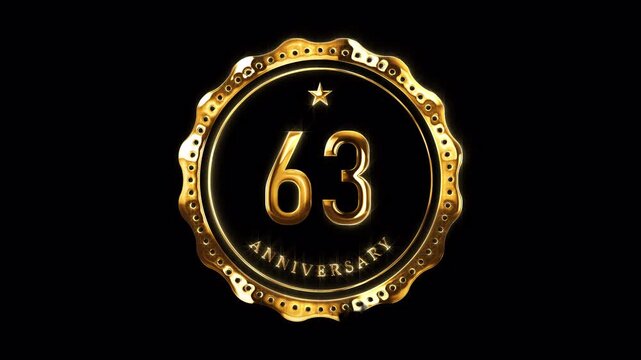 63rd Anniversary Celebration. Happy 63 Years Anniversary Animation in Gold Color on the Transparent Background, Alpha Channel. Great for greetings, celebrations, events, and gifts.