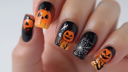 Woman proudly shows off her festive halloween nail art with intricate designs of jack-o'-lanterns, spider webs, and spooky ghosts in shades of orange, black, and white