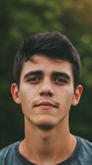 Obraz premium Confident young man with brown eyes and black hair poses outdoors in a serene portrait, exuding attractiveness and tranquility
