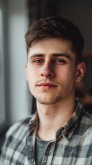 Obraz premium Confident young man in a plaid shirt poses in an urban apartment, gazing thoughtfully at the camera in natural light. He embodies a calm, positive lifestyle