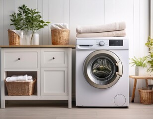 showcases a washing machine placed in a clean and neatly organized utility laundry room with white walls,generative ai