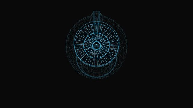 Airplane engine wireframe scheme. 3d render with blue grid lines. Loop rotation on black background.