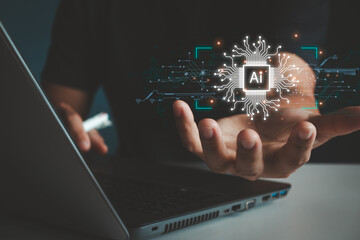 Business people are showing technology smart robot AI technology. AI tech, Artificial Intelligence. artificial intelligence by entering command prompt to generate, Futuristic technology transformation
