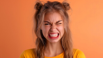 A girl with a braided hairstyle is making a funny grimace while standing against an orange backdrop, showcasing a playful and expressive moment