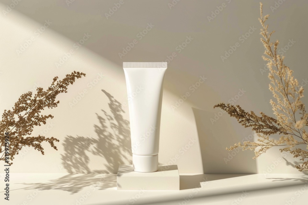 Poster a tube of cream sits on a shelf next to a plant, a simple yet inviting scene
