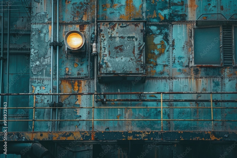 Poster A rundown building with a functioning traffic light, suitable for use in urban decay or post-apocalyptic themes