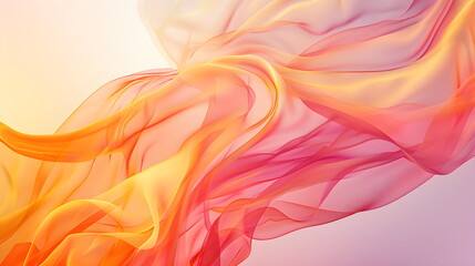 Abstract waves in iridescent light bright autumn shades, orange, yellow, red, pink. Waves of smoke or fabric flying in the wind. Iridescent fabric, holographic texture. Banner background 