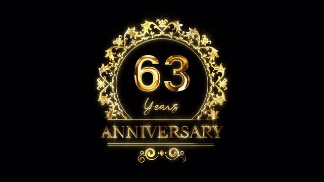 63rd Anniversary Celebration. Happy 63 Years Anniversary Animation in Gold Color on the Transparent Background, Alpha Channel. Great for greetings, celebrations, events, and gifts.