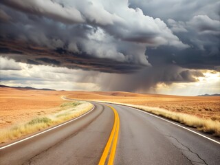 A lonely, winding road stretching towards a horizon where ominous storm clouds gather