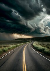 A lonely, winding road stretching towards a horizon where ominous storm clouds gather