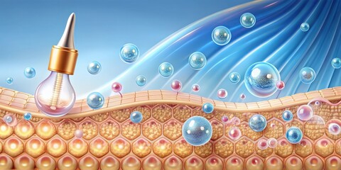 rendering of a skin cell receiving serum molecules to reduce saggy skin , skin cell, serum, molecules, skin layer