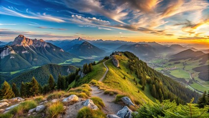 Alpine landscape panorama at Herzogstand mountain in the evening , sunset, mountains, Bavaria, Germany, peaceful, tranquil
