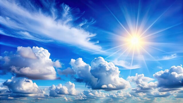 Beautiful blue sky with fluffy white clouds illuminated by morning light, sky, blue, clouds, fluffy, white, morning, light