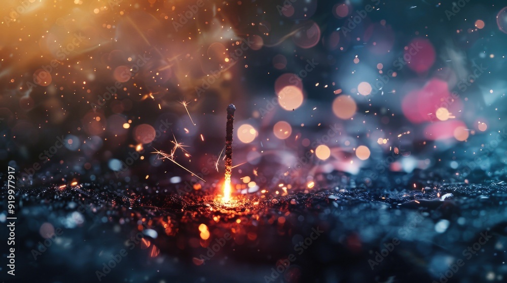 Poster A single sparkler lit up in darkness, great for adding warmth and ambiance to your scene
