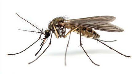 A high-resolution, detailed close-up of a mosquito isolated on a white background. The image emphasizes the insect's anatomy, suitable for themes related to pests, disease control, or biology.