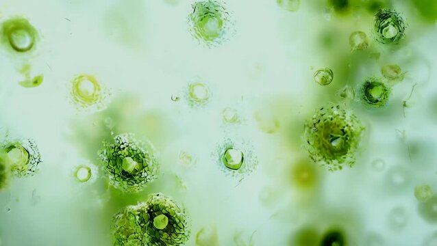 A detailed close-up of green algae cells observed under a microscope. The bright green spheres, varying in size, float in a translucent, liquid environment. The visual depicts daytime, showcasing the
