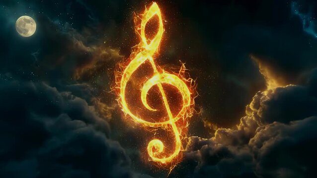 A fiery treble clef symbol blazes brightly against a dark, cloudy night sky with a full moon. The burning musical note appears to be floating, creating a dramatic and mystical atmosphere.