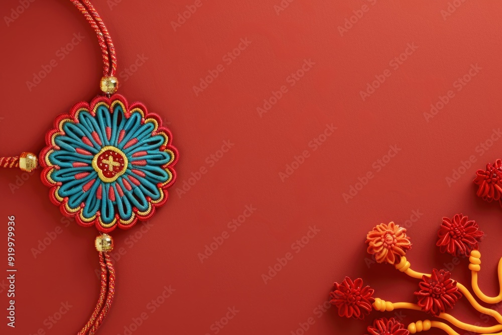 Aufkleber close-up shot of a necklace featuring flower patterns on a bright red background, ideal for use in j