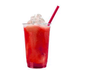 Frozen Strawberry Daiquiri or slush drink in a clear plastic cup with whipped cream and a red straw with copy space.