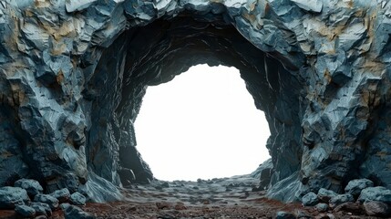 Cave entrance revealing bright light at the end on a rocky terrain