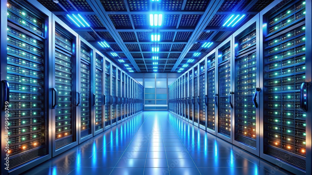 Poster rendering of a modern server room with rows of server computers and glowing lights, server room