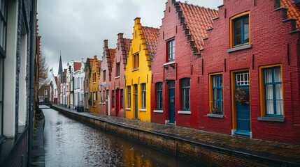 Colorful houses lining a canal in Bruges on a cloudy afternoon